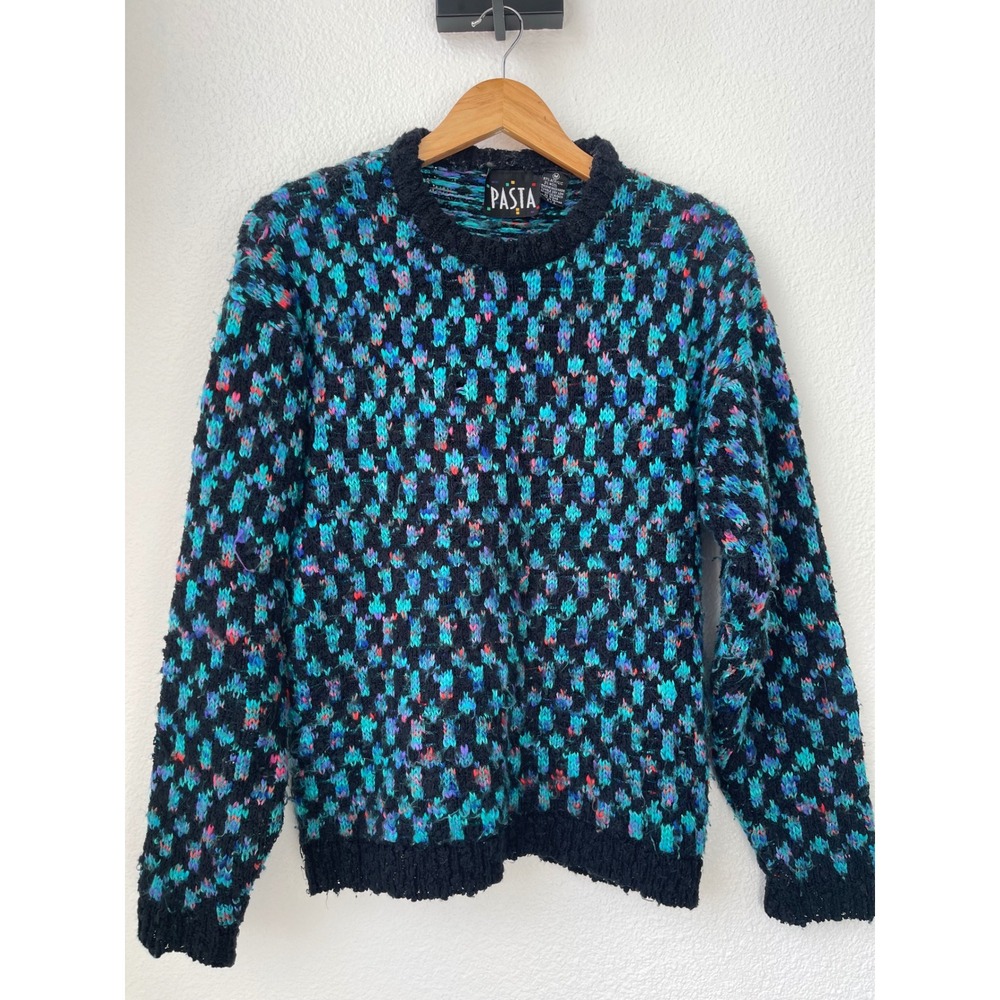 Vintage PASTA Wool Blend Black Teal Pink Abstract Knit Sweater Pullover Size M